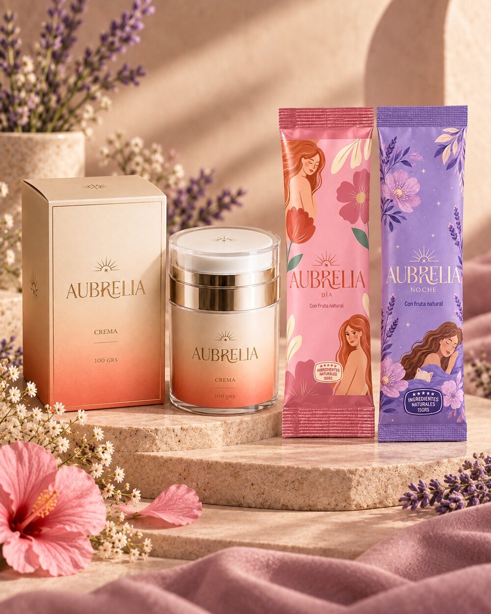 Ritual completo Aubrelia: sobres de día, sobres de noche y la crema de 50 ml