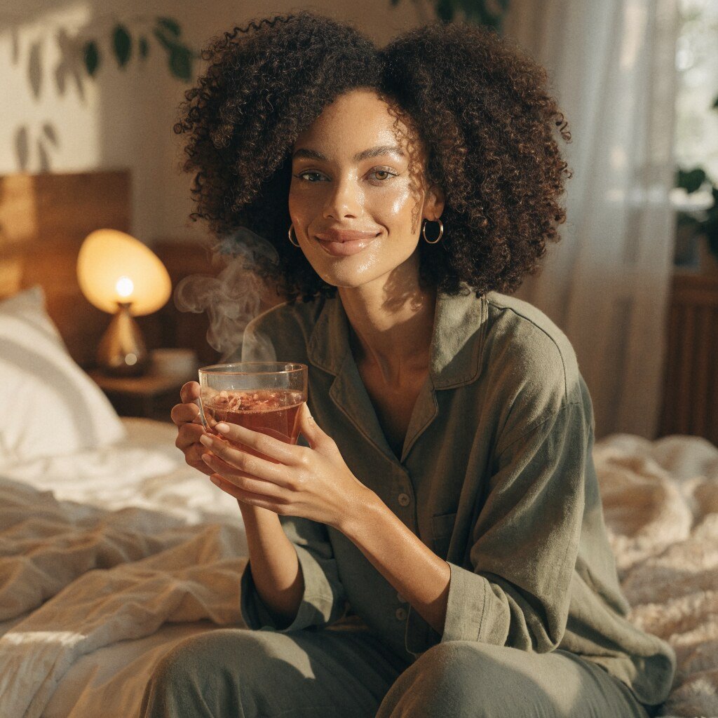 Mujer con la infusion nocturna Aubrelia antes de dormir
