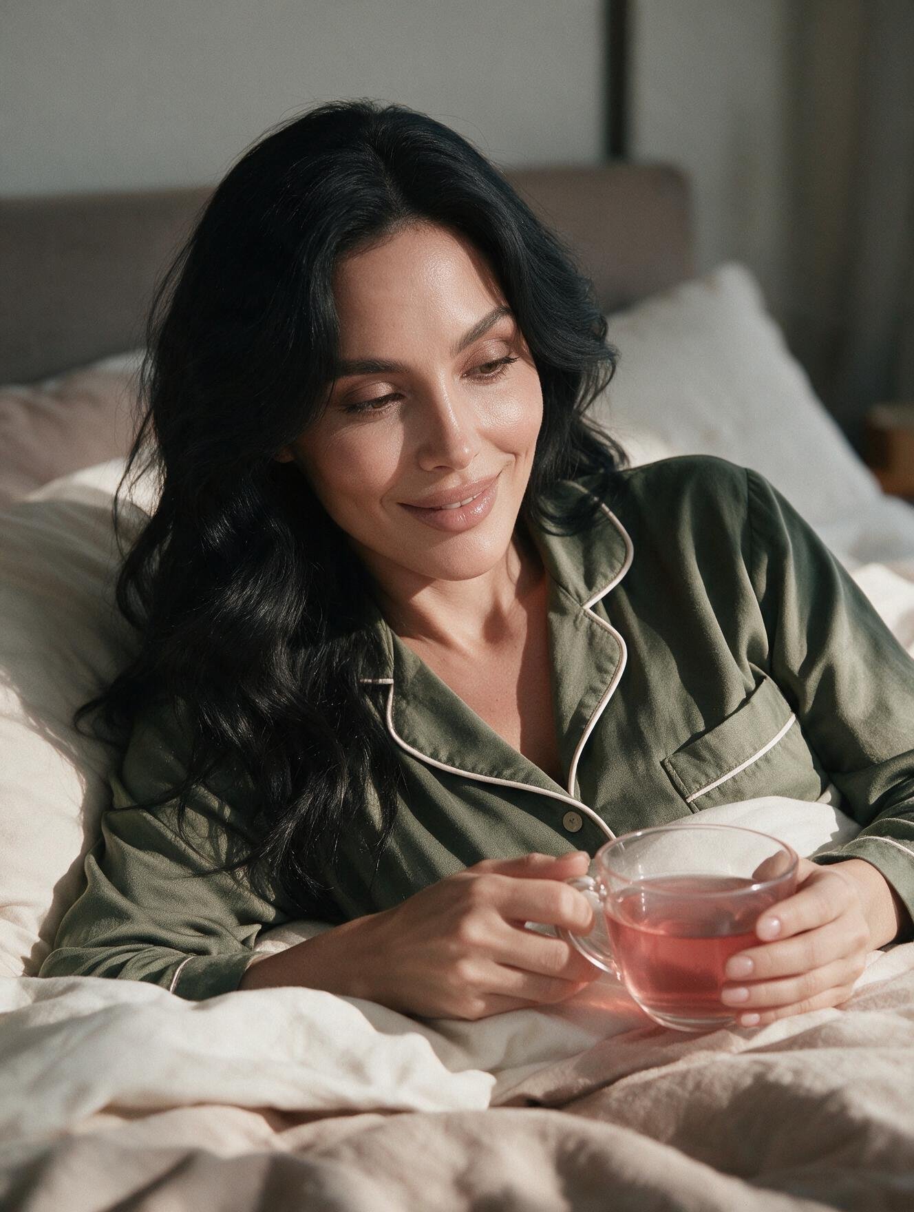 Mujer sosteniendo una taza con la bebida nocturna Aubrelia antes de dormir